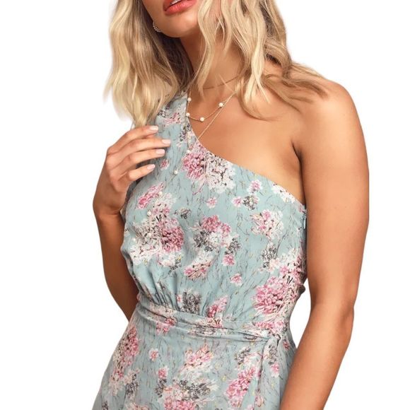 Lulus Way to Wow Dusty Blue Floral Print One Shoulder Faux-Wrap Dress Sz L - Picture 3 of 16